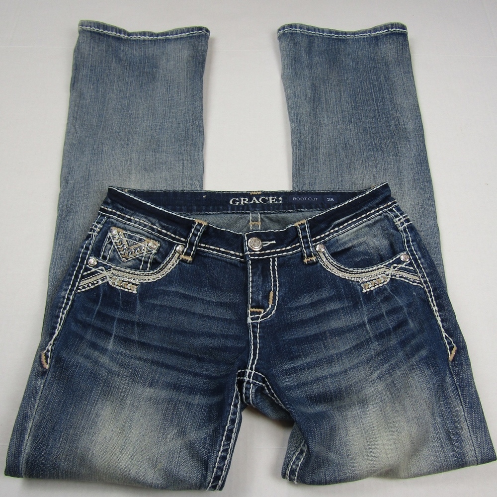 GRACE IN LA Embellished Distressed Jeans - 28